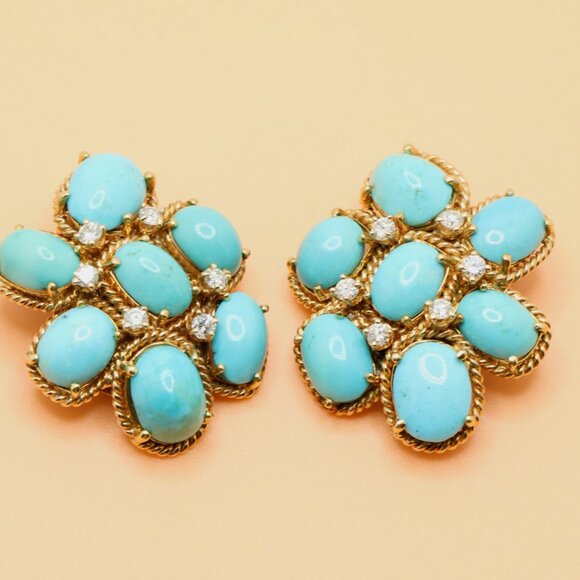 Vintage 18K Gold Family Heirloom Turquoise Diamond Clip On Earrings - Picture 7 of 16